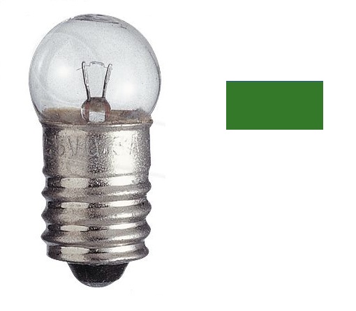Das Bild zeigt eine kleine Glhbirne vom Typ E 5,5 - 4,5 V. Die Birne ist klar und hat einen metallischen Sockel. Neben der Birne ist ein kleines, grnes Rechteck abgebildet, welches vermutlich eine verfgbare Farbe fr die Birne darstellt. Das Bild scheint ein Produktblatt oder eine Teileliste zu sein, die die Spezifikationen und verfgbaren Farben des Produkts anzeigt. Es gibt keine weiteren Details oder Informationen zum Kontext oder zur Nutzung.